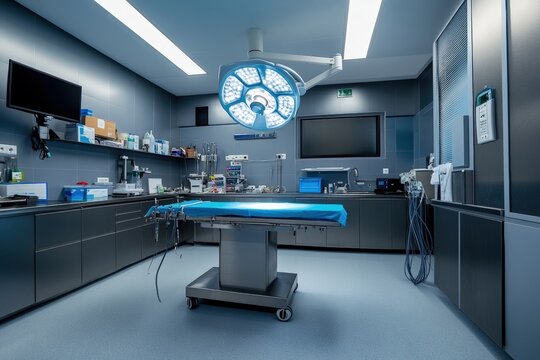 A modern veterinary operating room with surgical instruments ready.