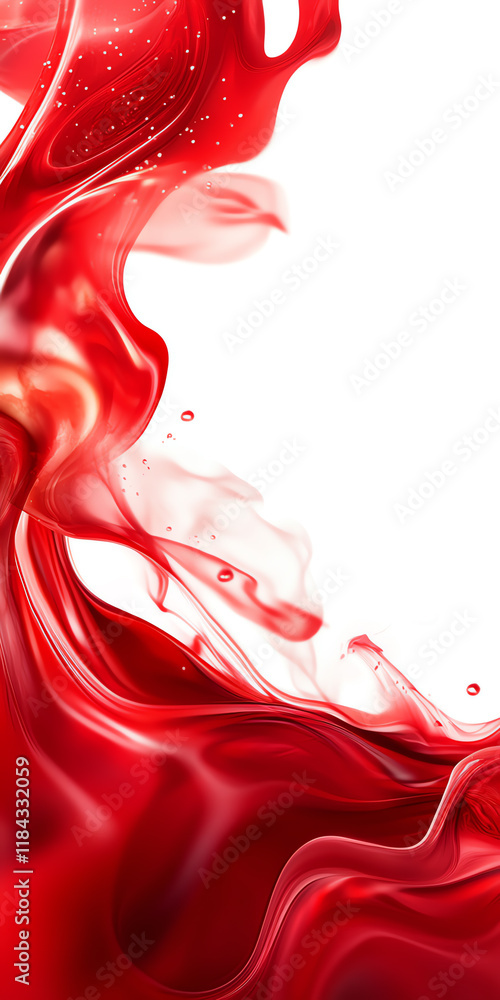 Poster a vivid splash of red liquid, flowing elegantly against a white background, creating a striking visu