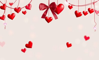 Valentine's Day decorations, hanging red hearts, heart garlands, red ribbon bows, romantic atmosphere, soft focus, white background, festive holiday decor, love symbols, heart-shaped ornaments, delica