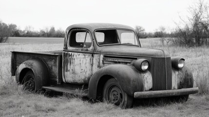 Rusted vintage pickup truck in a field. (3)