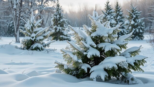 Snowy pine trees and fir branches, white and frozen, define a cold winter forest landscape