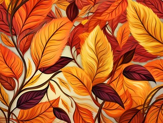 Autumn-inspired seamless background with colorful falling leaves in red and orange
