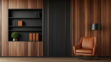 Modern 3D Concept of an Executive Workspace Featuring Sleek Wood Panels, Stylish Furniture, and Minimalist Decor for Contemporary Office Environments