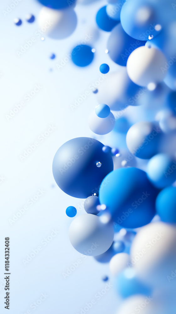 Poster abstract design featuring blue and white spheres floating in a soft background, ideal for modern pro