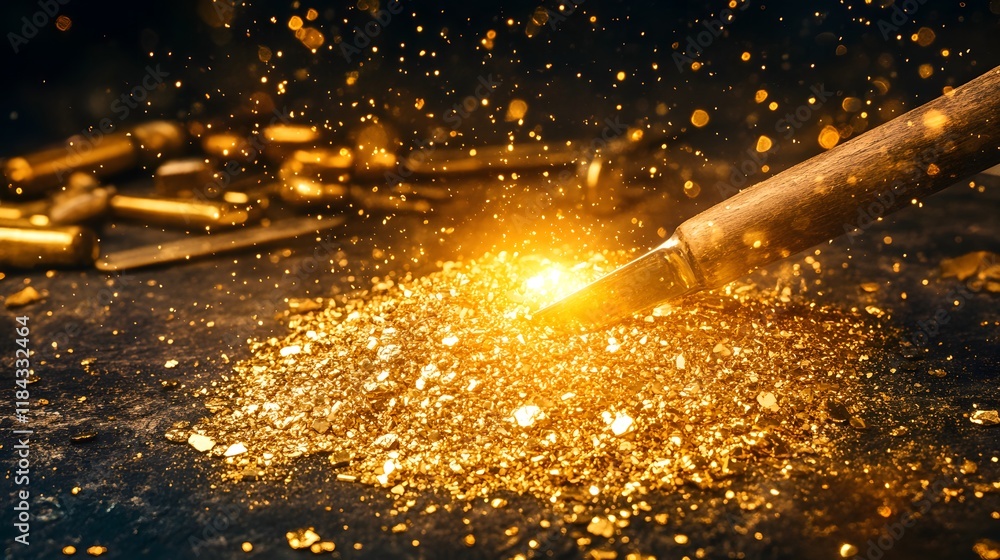 Poster glimmering gold dust and sparkling particles surrounded by tools on a dark background, creating an e