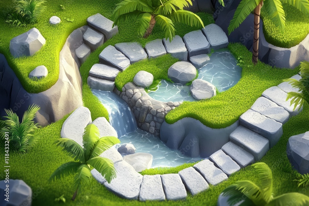 Poster a charming pixel art depiction of ubud rice terraces, with animated palm trees swaying and water flo