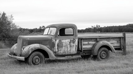 Fototapeta premium Rusted vintage pickup truck in a field.