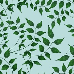 Botanical Garden Leaves Seamless Pattern Background Small Design on Pastel Blue for Prints, Textiles, Packaging, Fabrics, and Wrapping Paper