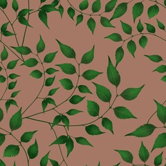 Botanical Garden Leaves Seamless Pattern Background Small Design on Mocha Mosses for Prints, Textiles, Packaging, Fabrics, and Wrapping Paper