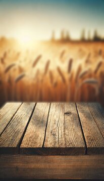 The empty wooden brown table top with blur background of corn field. Exuberant image.