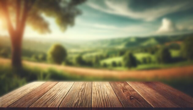 The empty wooden brown table top with blur background of farmland and blue sky. Exuberant