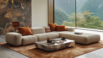 Modern sectional sofa in beige fabric with orange pillows, marble coffee table, and mountain view.