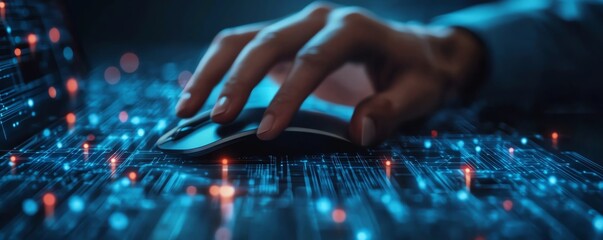 Abstract futuristic technology design, businessman clicking mouse, glowing digital lines, big data and internet network connections, blue tech tones, ultrarealistic 8K