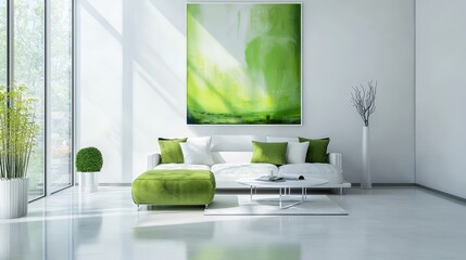 Bright Modern Living Room with Green Accents and Abstract Art on Wall