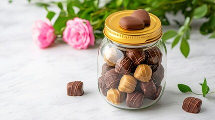 Assorted Chocolate Treats in Glass Jar with Fresh Roses Decor