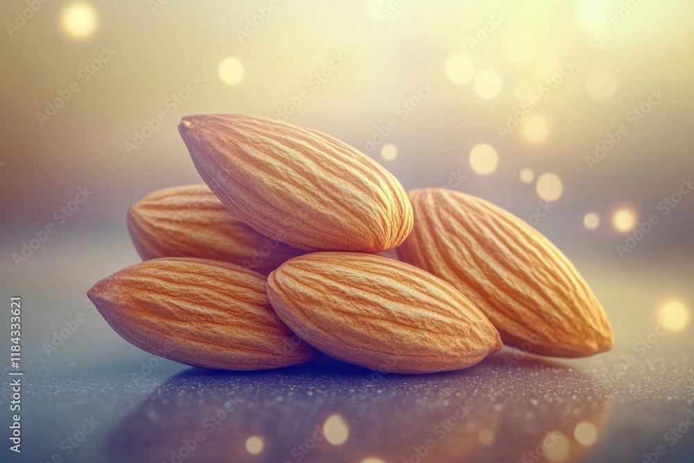 Poster almonds resting on a surface with a soft glowing background in natural light