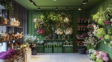 Obraz premium Beautiful Floral Display in a Green Flower Shop with Various Plants and Arrangements