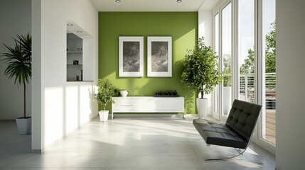 Fototapeta premium Modern Interior Design of a Bright and Airy Living Room with Green Accent Wall