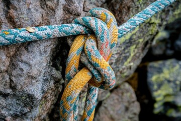 A mountain climbing rope tied securely to a rock face.