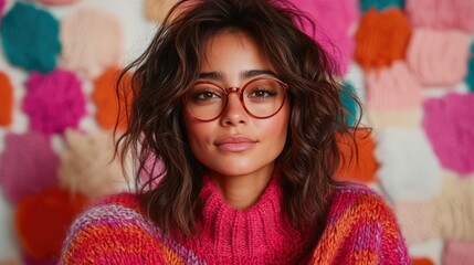 A thoughtful young woman in a colorful knitted sweater gazes into the camera, emanating warmth and creativity, with a playful backdrop enhancing her expressive persona.