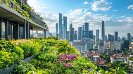 Fototapeta premium Urban Rooftop Garden Overlooking City Skyline with Modern Skyscrapers and Blue Sky