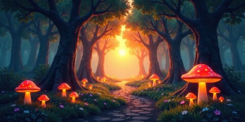 Enchanted Forest Path at Sunset with Glowing Mushrooms