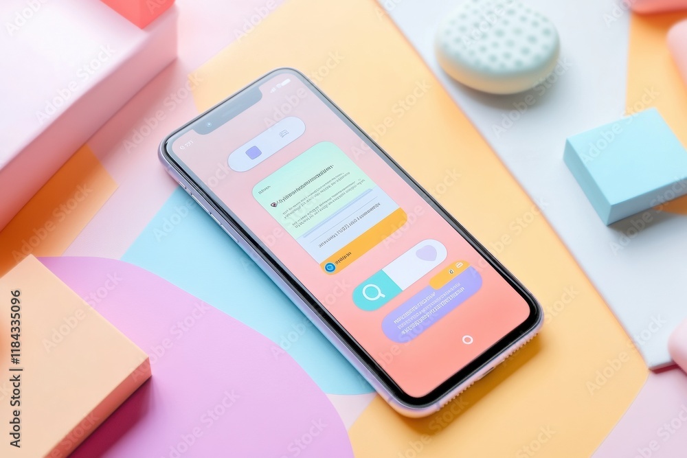 Poster Close up view of a modern smartphone displaying a colorful messenger chat on a vibrant background. Generative AI