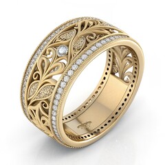 vintage solid gold ring with diamonds on white background