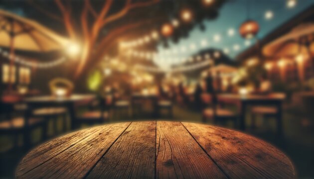 Empty wood table for product display in blur background of admirable restaurant at night