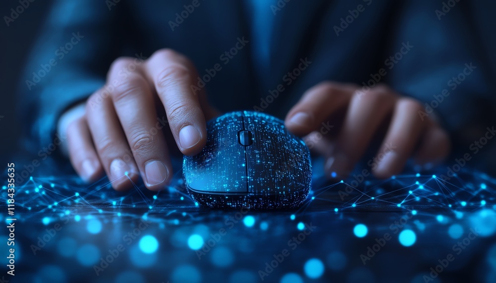 Poster hightech abstract background, businessman controlling computer mouse, holographic big data streams, 