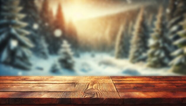 The empty wooden table top with blur background of winter in Finland. Exuberant image.