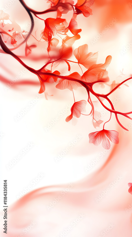 Poster delicate red floral design with soft flowing lines, creating an elegant and tranquil atmosphere.