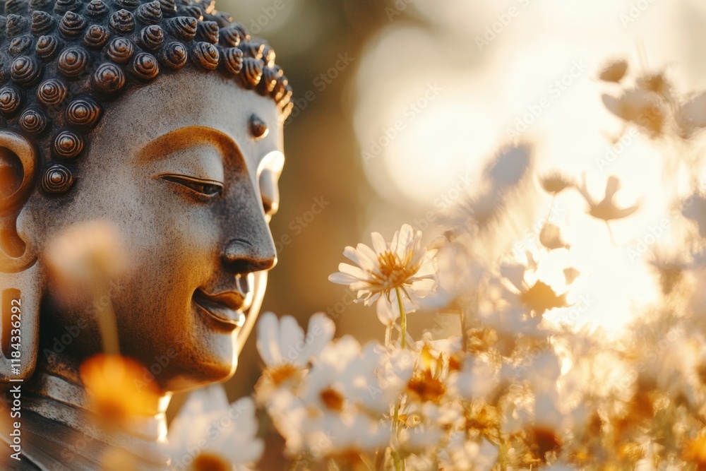 Poster a close-up of a golden buddha statue, with soft sunlight streaming through the windows of the ubosot