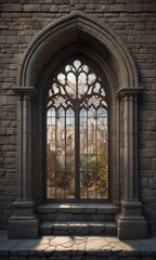 Castles window with stone arches and stained glass, medieval, arches, windowpanes
