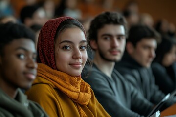 Obraz premium Multiethnic group of university students in lecture hall looking at camera. Generative AI
