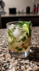 A beautifully crafted mojito sits atop a granite counter, adorned with fresh lime slices and mint leaves, inviting you to relax and savor the flavors of summer