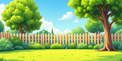 Cartoon garden with wooden fence