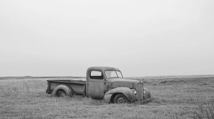 Fototapeta premium Rusty vintage pickup truck in a field, monochrome.