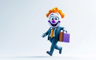 Motivated 3D emoji clown face with a purple nose, teal eyes, walking confidently with a briefcase, simple design, flat shading, white isolated background 