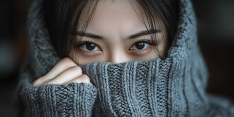  Close-up portrait of a woman with expressive eyes, partially covering her face with a gray knitted sweater, creating a cozy and mysterious mood.
