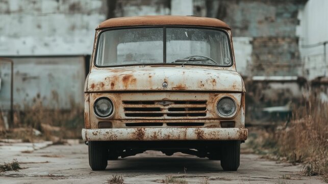 Rusty vintage van parked outdoors.