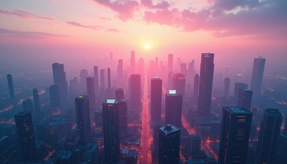 Obraz premium Stunning sunset over modern skyline of tall city skyscrapers