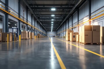 Fototapeta premium Expansive Industrial Warehouse Interior Featuring Neatly Stacked Cardboard Boxes and Smooth Polished Floor with Bright Overhead Lighting