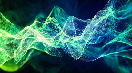 Abstract neon waves, light digital flow dynamics, green blue gradient
