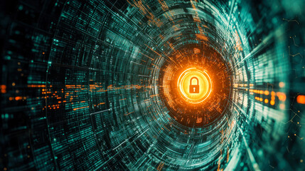 Futuristic digital tunnel with glowing lock symbol: cybersecurity and technology concept