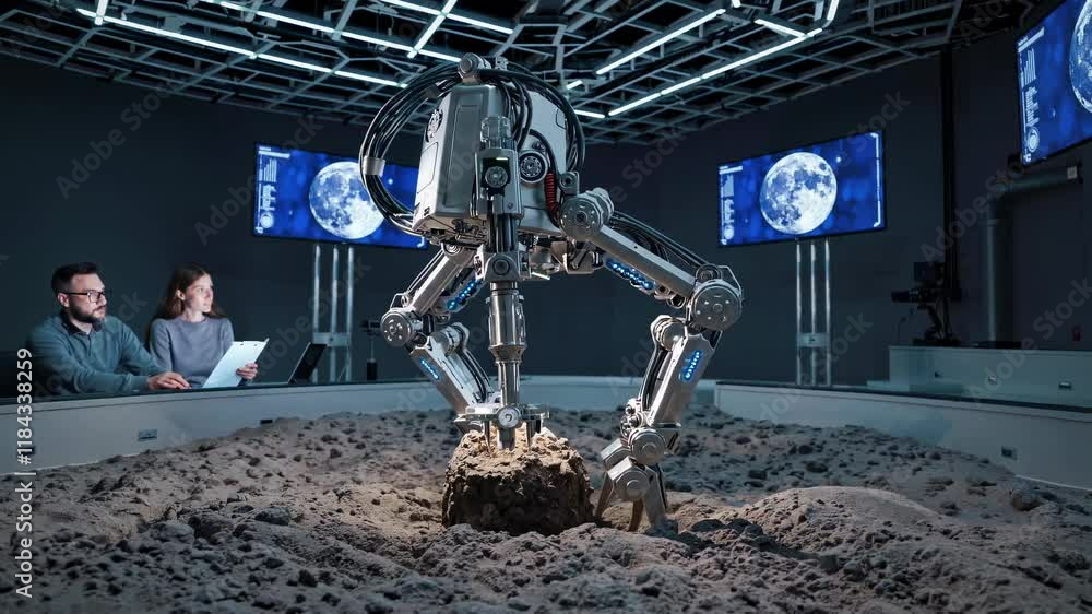 Poster research team conducts lunar surface simulation with robotic arm in advanced laboratory