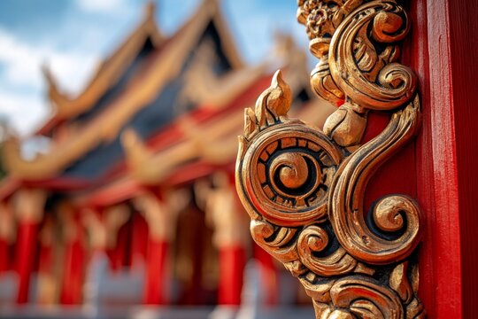 A close-up of the gable apex (chofa) of a Thai ubosot, showcasing the detailed gold and red patterns against a blue sky