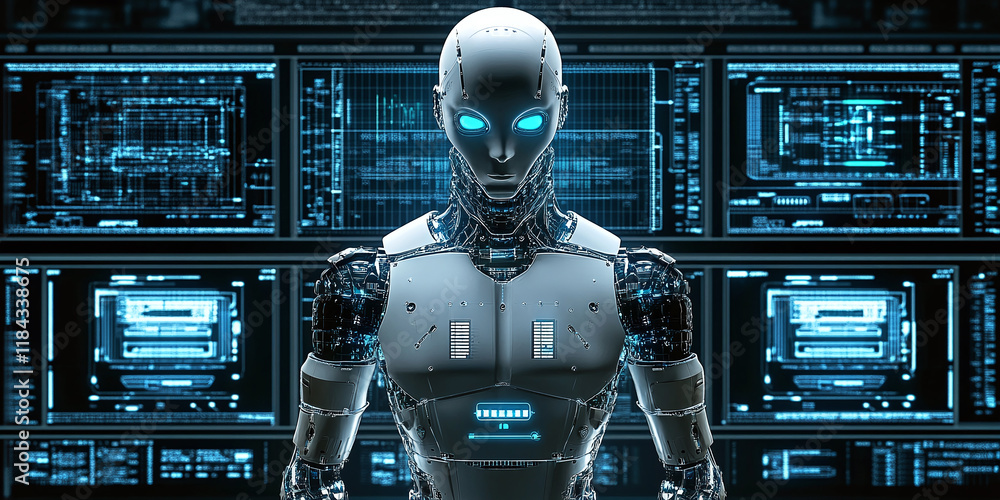 Poster a futuristic humanoid robot standing in front of large blue digital data screens in a high-tech cont