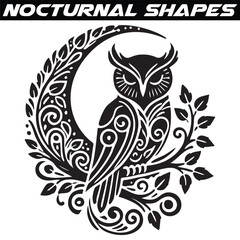 Intricate Black and White Owl Perched on Crescent Moon. Nocturnal silhouette