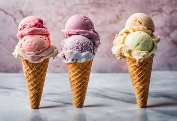 Triple Scoop Delight Ice Cream Cones on Marble